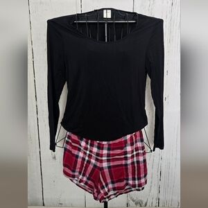 Soma Cool Night PJ Set Black Top with Red Plaid Shorts